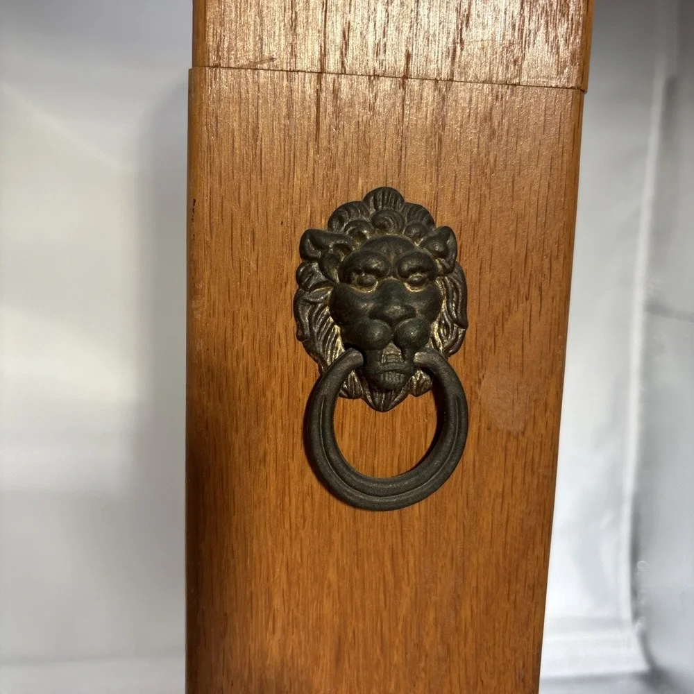 Vintage 1950s Oak Fireplace Matches Hinged Box With Brass Lion Door Knocker